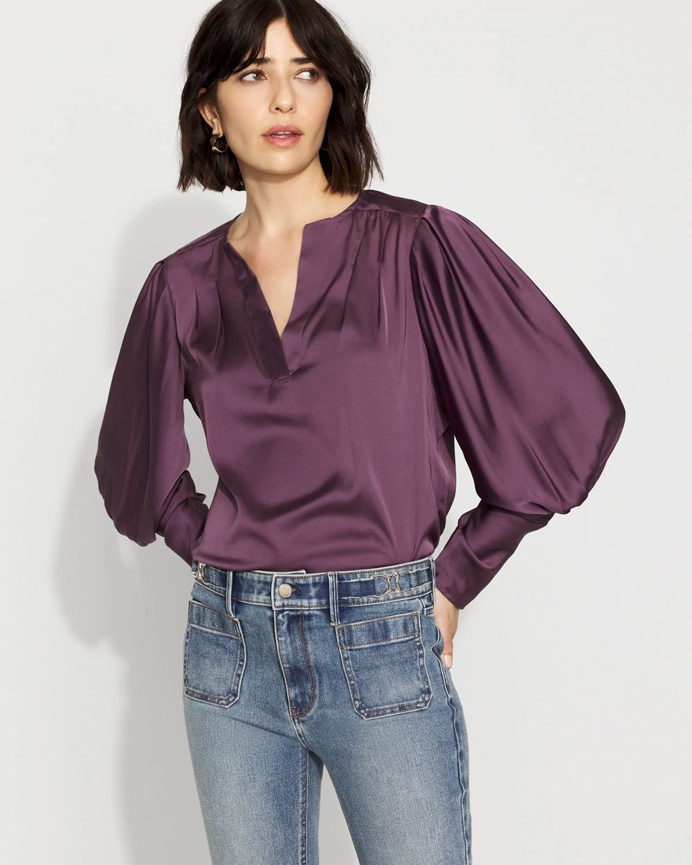 Pleated Sleeve Satin Blouse | White House Black Market